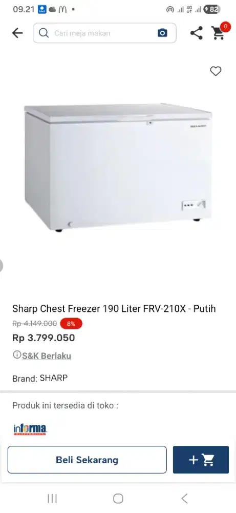 Sharp chest freezer 190 ltr