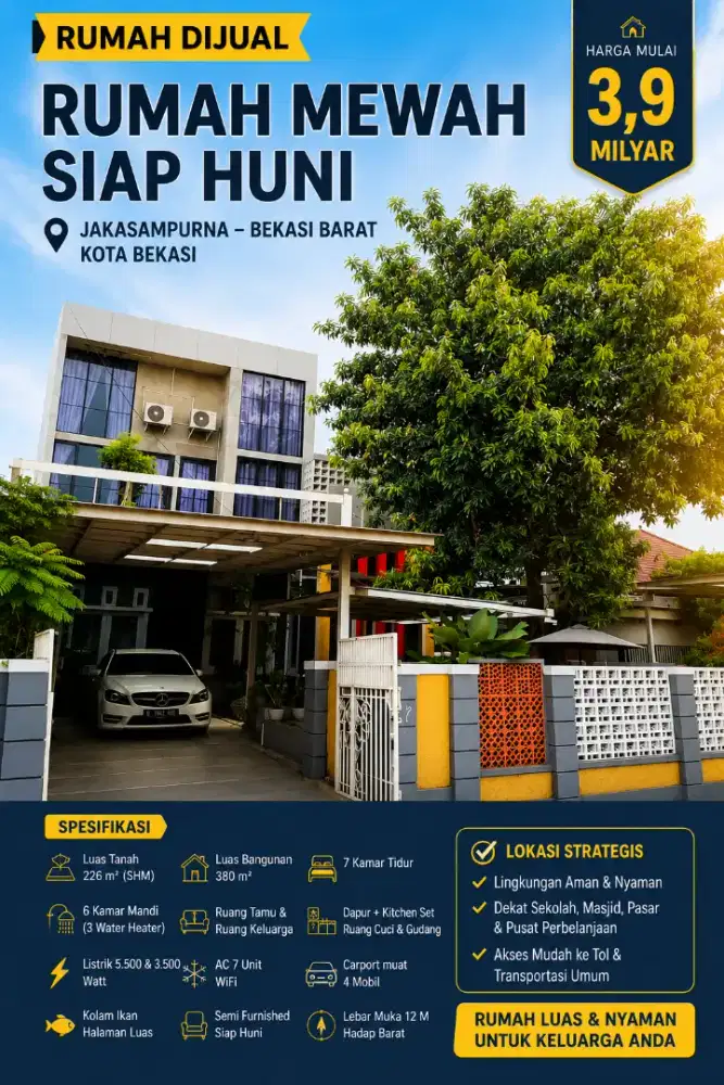 Dijual Rumah Besar 6 KT SHM Bekasi Barat LT 226 m² LB 380 m² strategis