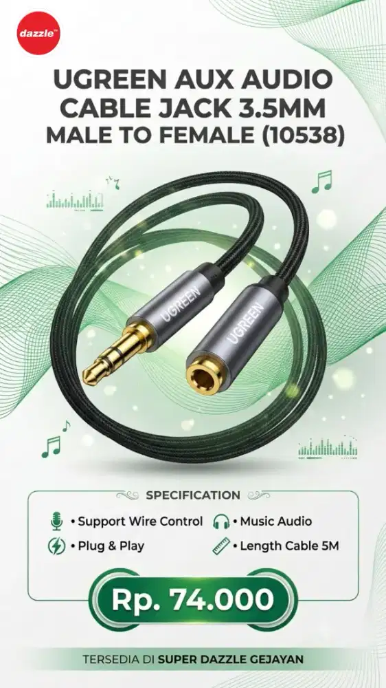 UGREEN JACK AUDIO 3.5MM MALE TO FEMALE CABLE 5M (10538)