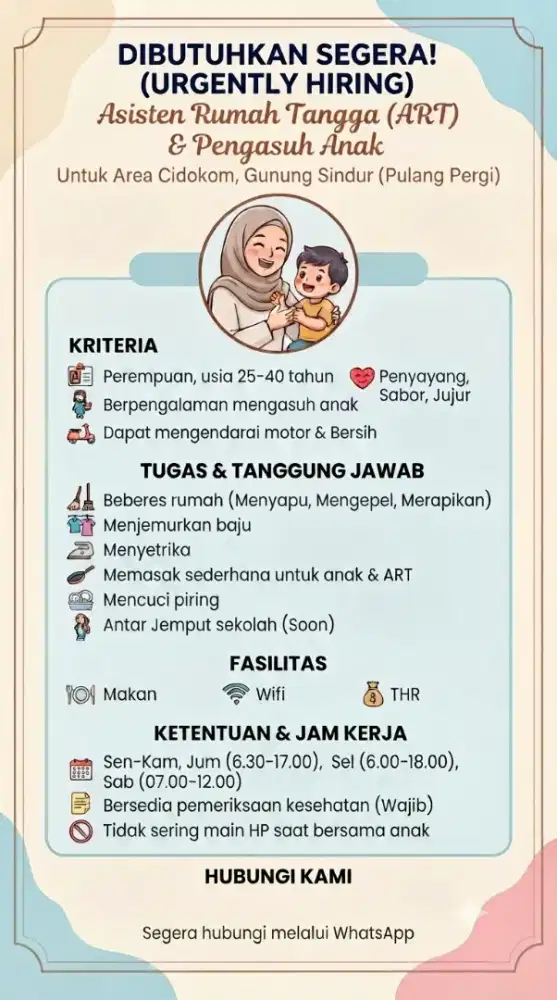Lowongan Kerja (Loker) - Dicari ART Momong Anak dan Beberes  (PP)