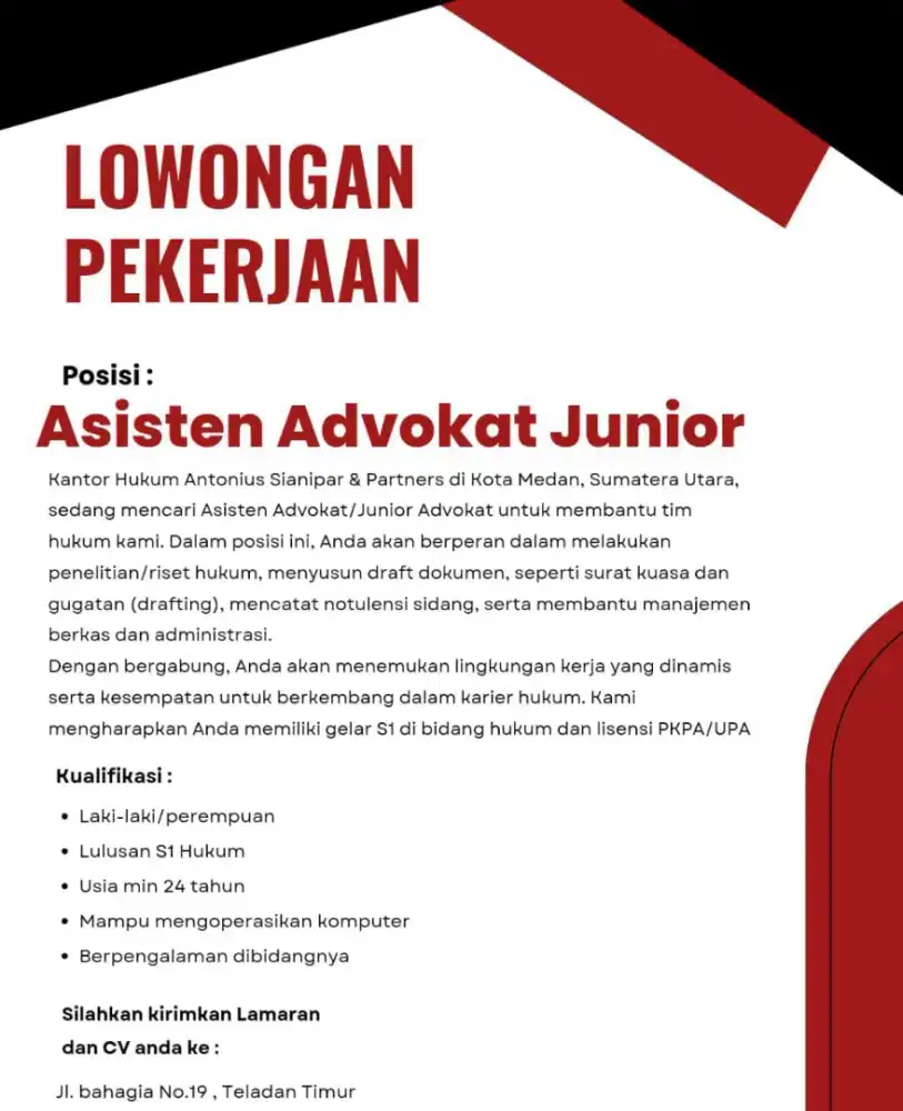 Dibutuhkan cepat asisten Advokat Junior