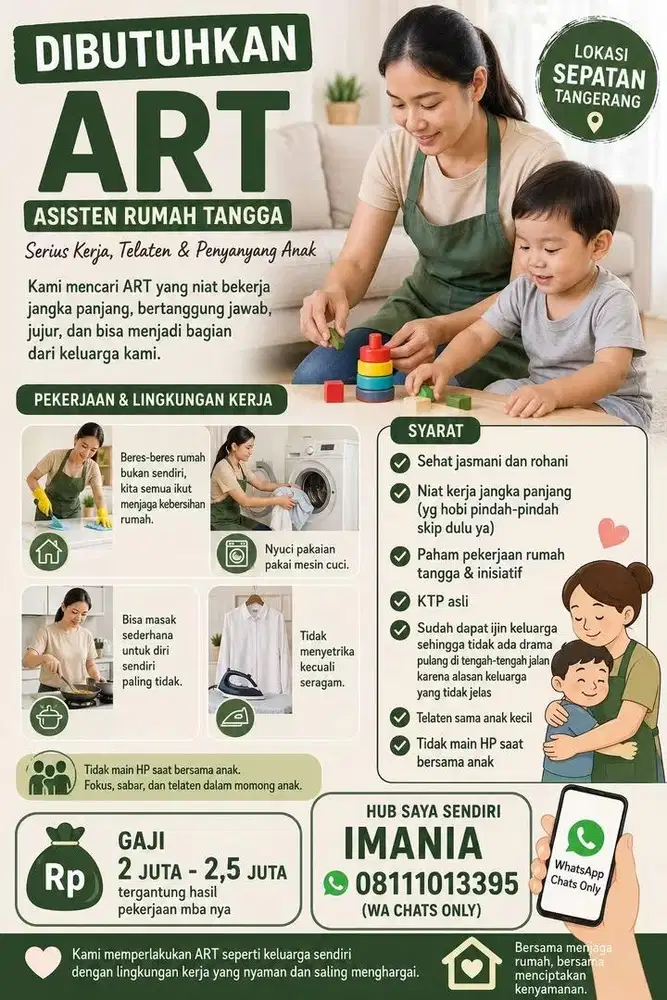 BUTUH SEGERA ART & MOMONG ANAK AREA SEPATAN TANGERANG MENGINAP