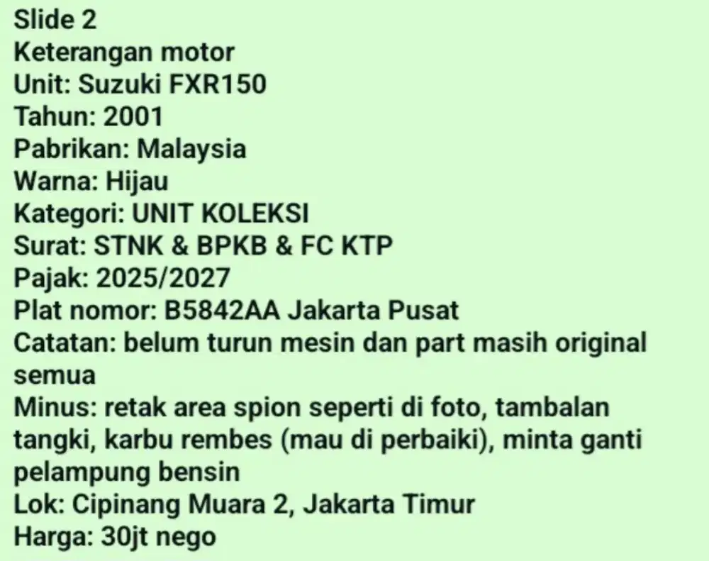 Suzuki FXR 150 2001, PABRIKAN MALAYSIA