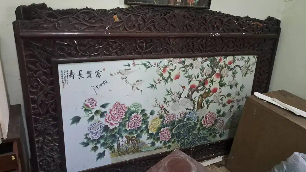 Panel Dinding Kayu Ukir Klasik Tionghoa - Fùguì Chángshòu (富贵长寿)