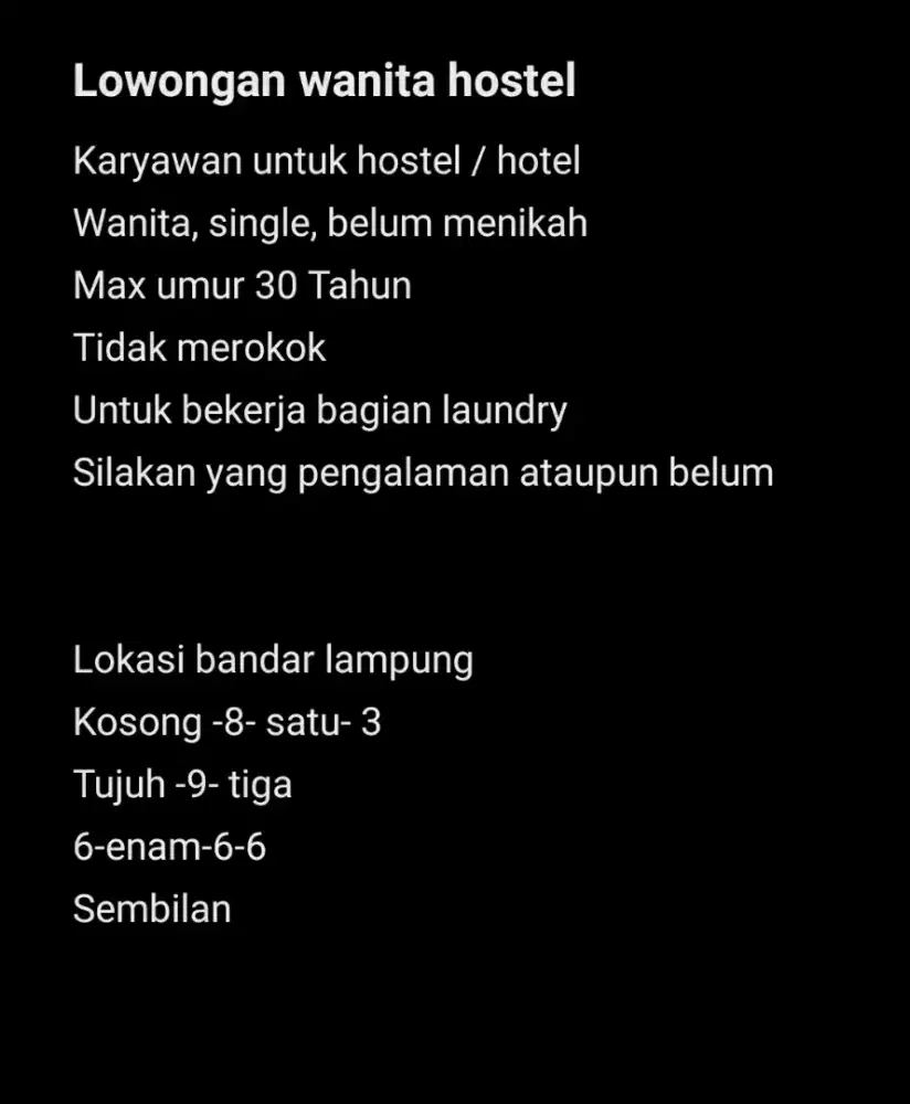 Lowongan karyawan hostel untuk wanita