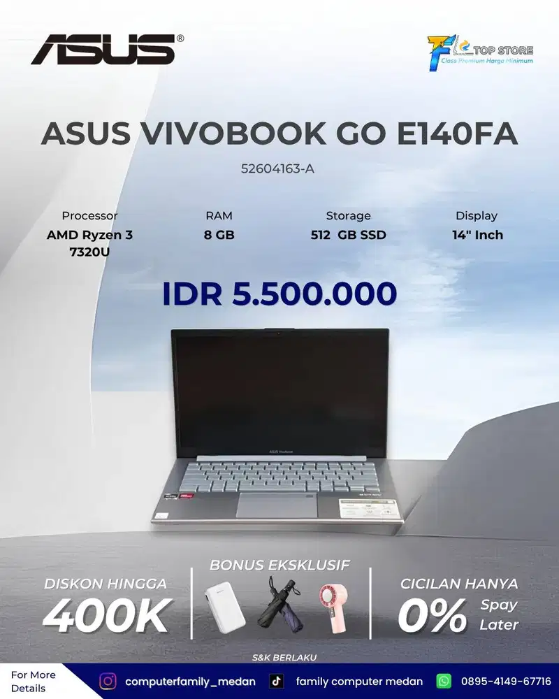 LAPTOP ASUS VIVOBOOK GO E140FA AMD RYZEN 3 7320U RAM 8GB SSD 512GB