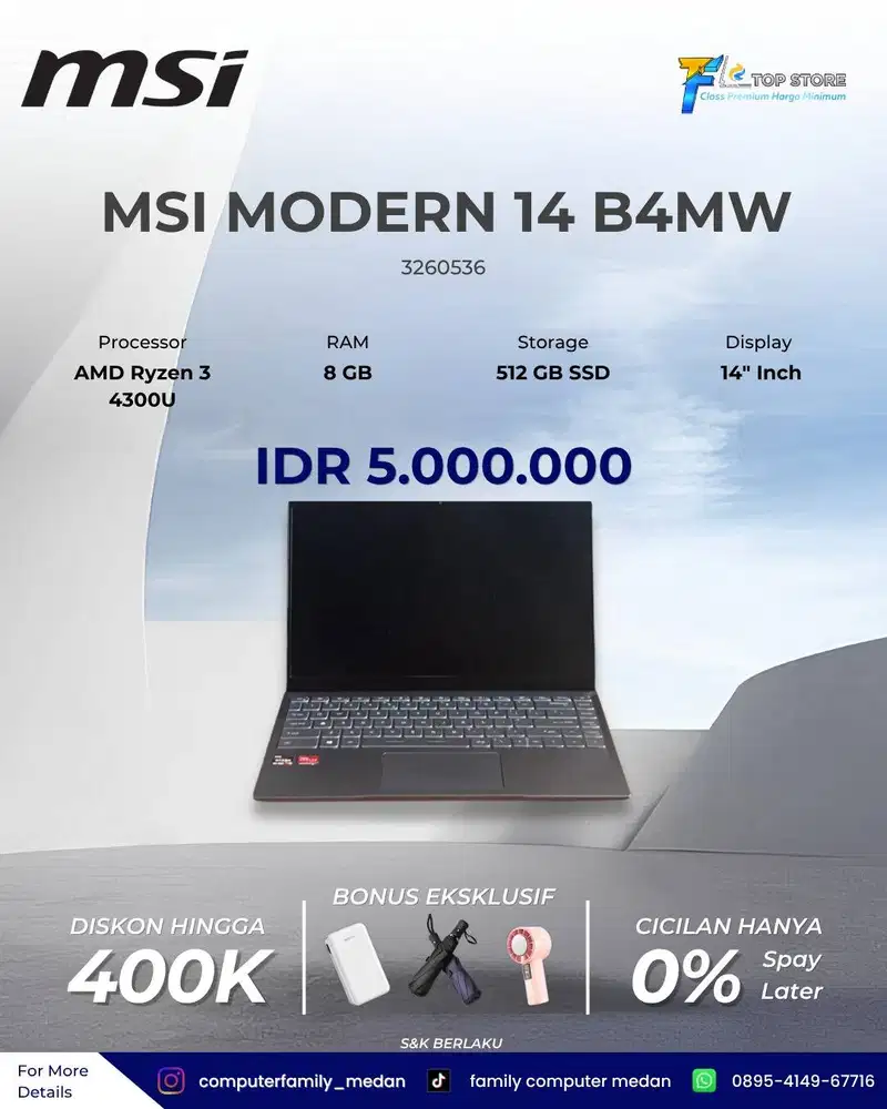 LAPTOP MSI MODERN 14 B4MW AMD RYZEN 3 4300U WITH RADEON RAM 8GB SSD 51