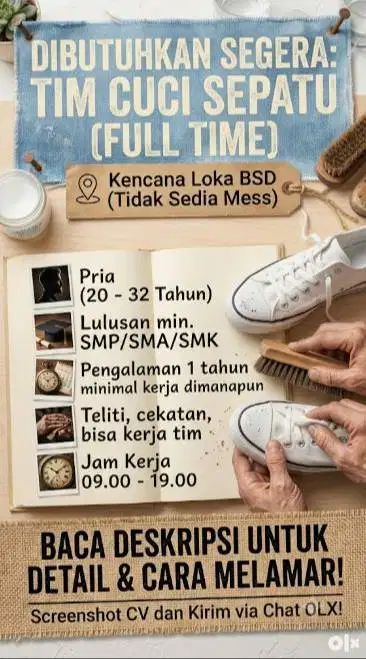 Lowongan kerja untuk Pria Cuci Sepatu Tangerang Selatan BSD Serpong