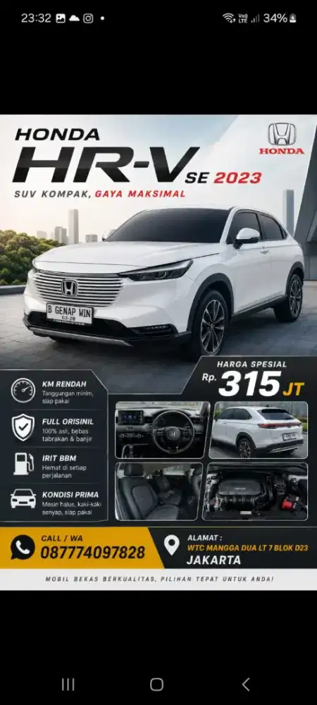 Honda HRV SE AT 2023 TDP 30Juta