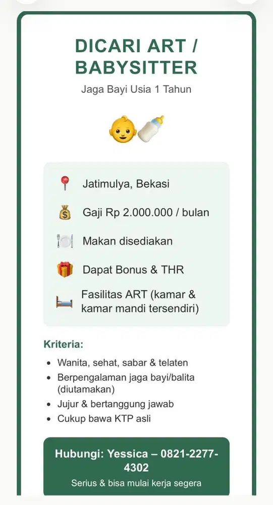Dicari ART Jaga Baby