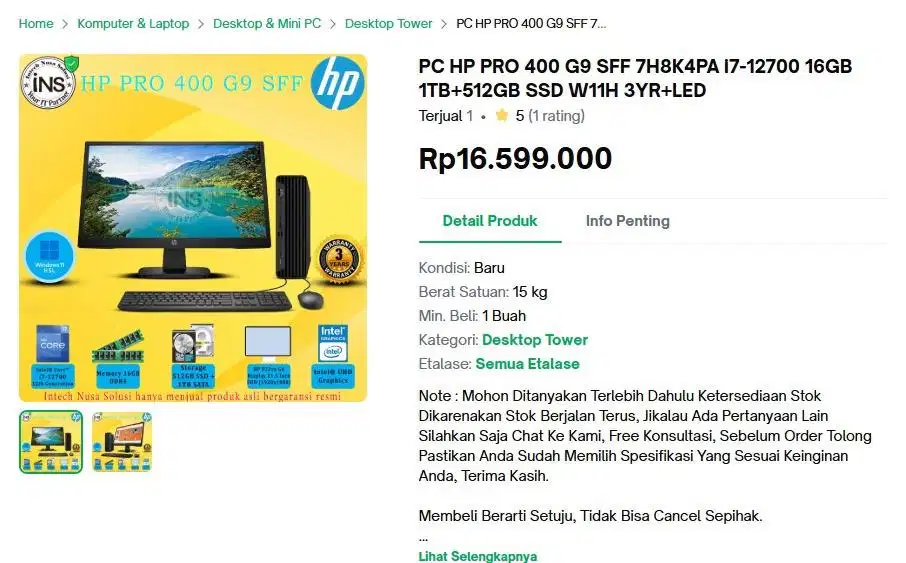 HP Pro SFF 400 G9 Desktop PC Windows 11 Pro Core I7 16 GB RAM DDR4