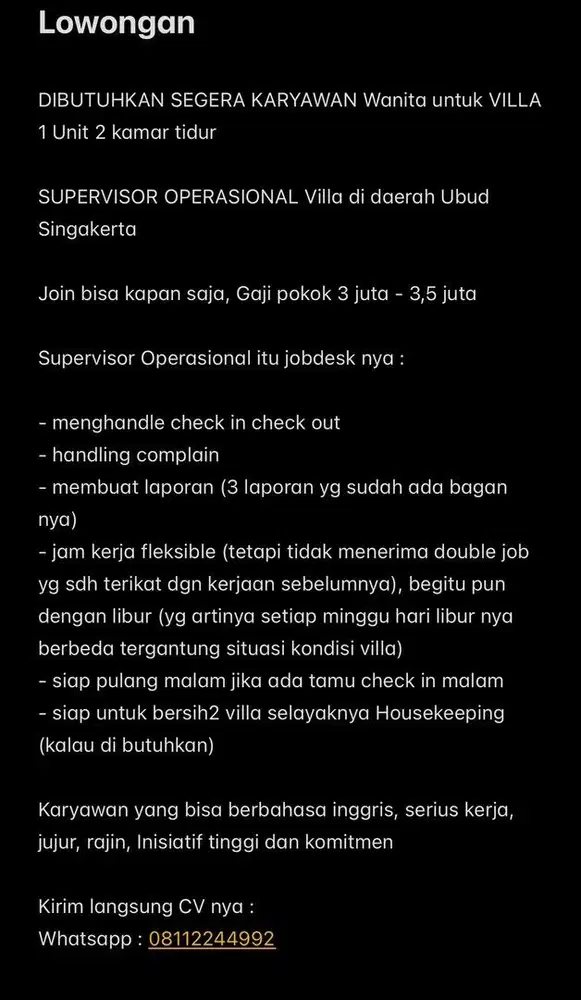 SUPERVISOR OPERASIONAL Villa di daerah Ubud Singakerta