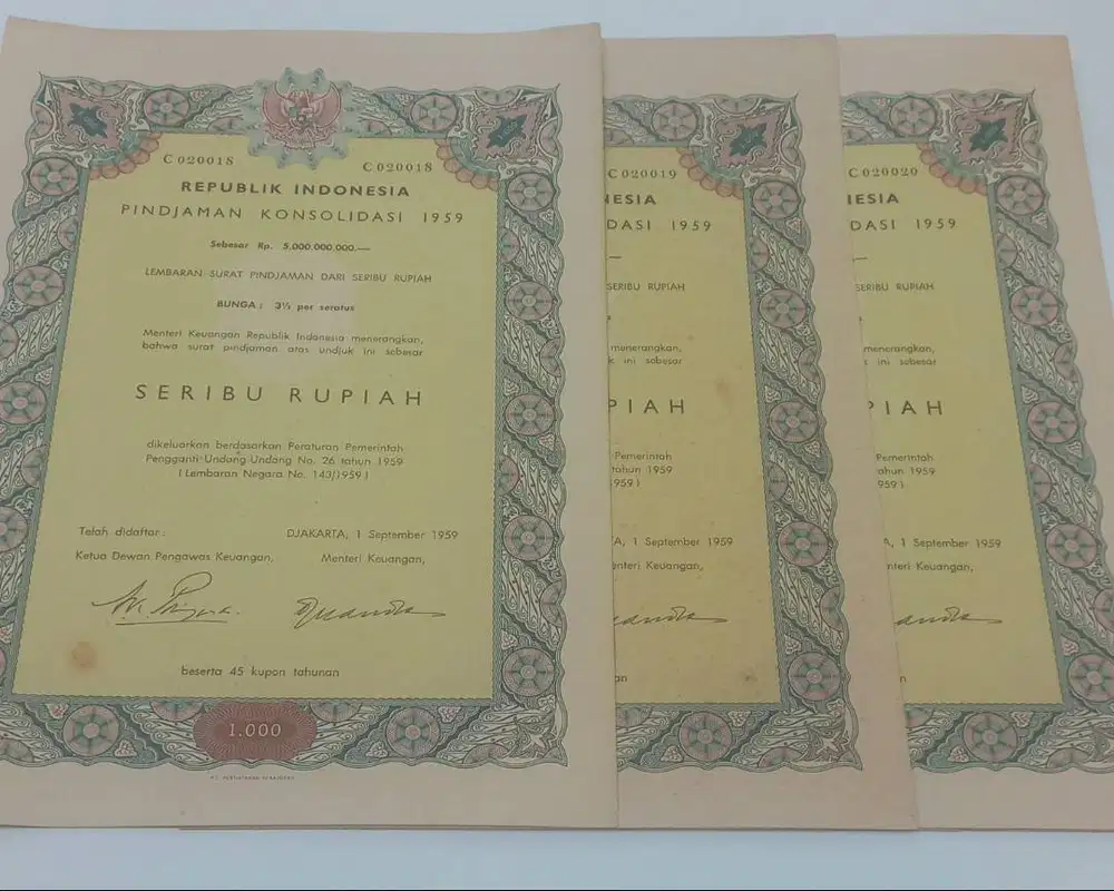 3 Lembar Obligasi Konsolidasi 1959,Nominal 1000 Rp.,No.Urut.
