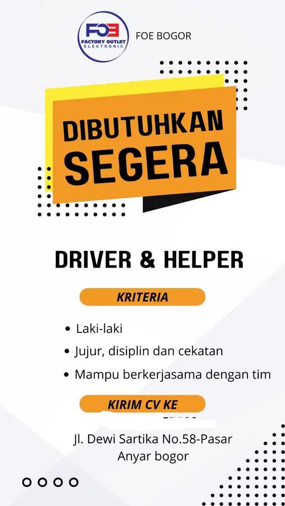 DIBUTUHKAN DRIVER & HELPER UNTUK TOKO ELEKTRONIK