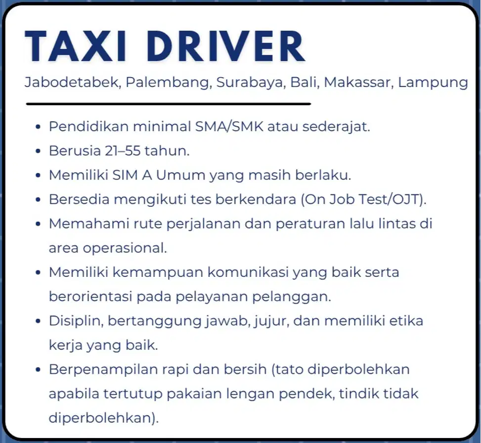 LOWONGAN TAXI DRIVER