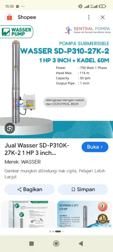 Jual murah jual rugi mesin wasserpump sible SD-P310-27K-2