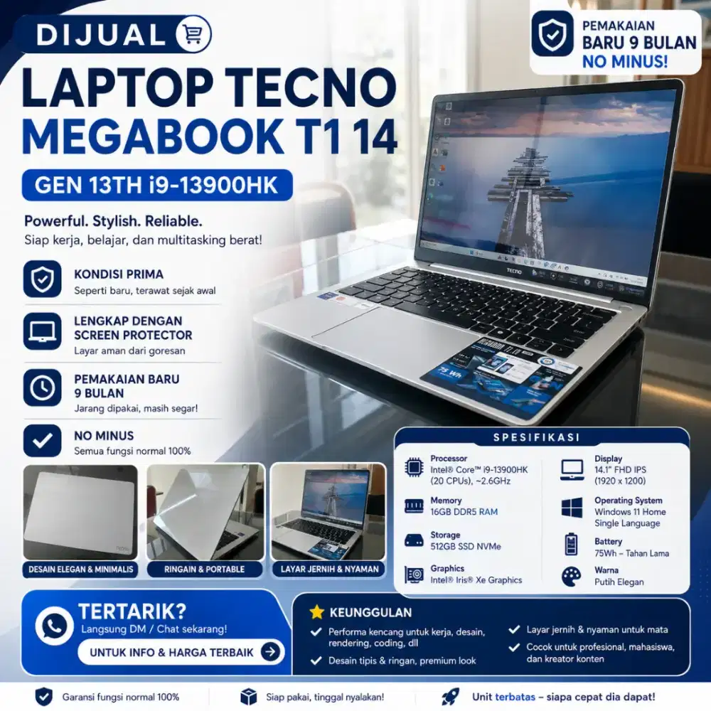 TECNO MEGABOOK T1 14 I9 13900HK 16gb 512gb 14.0wuxga 100%srgb 75WH