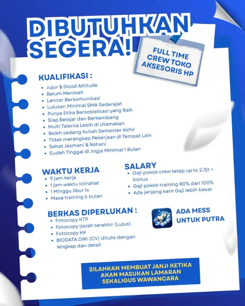 Lowongan Full Time Crew Toko Aksesoris HP