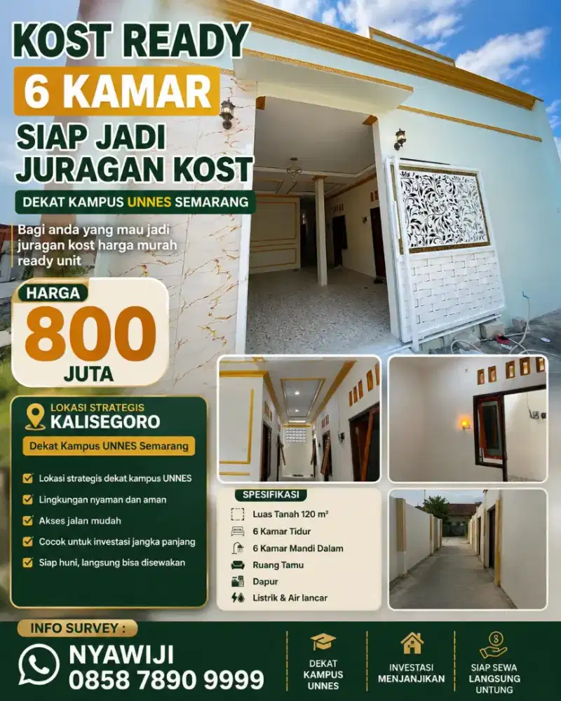 Kost ready kampus Unnes Semarang 6 kamar siap jadi juragan bisa KPR
