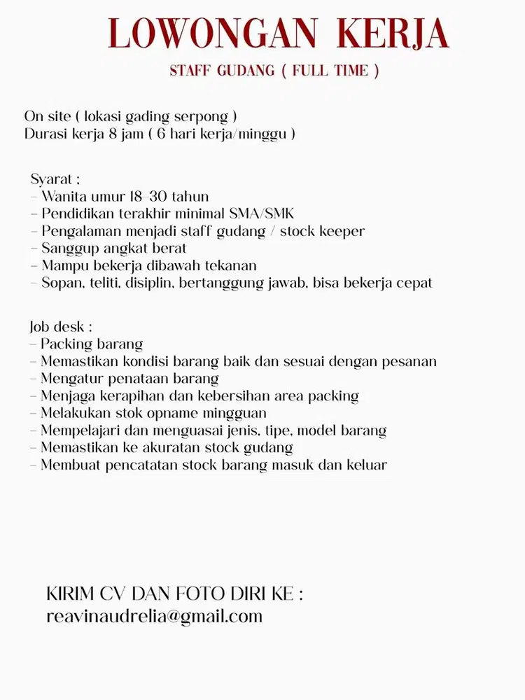 LOWONGAN KERJA STAFF ADMIN GUDANG PACKING GADING SERPONG
