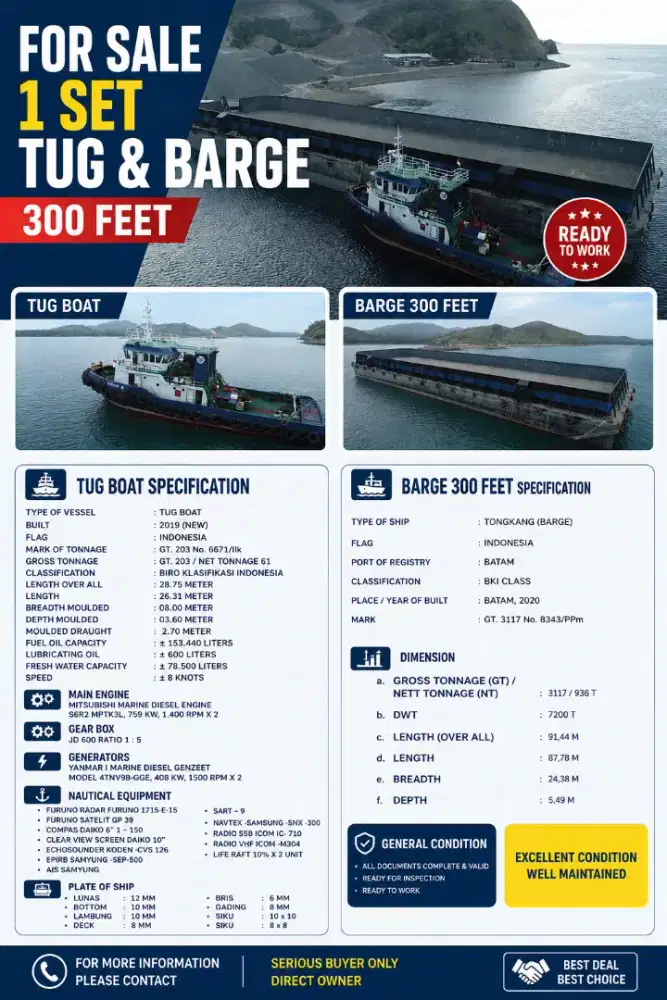 Di jual Tugboat & tongkang 300 feet tahun 2019 - 2020