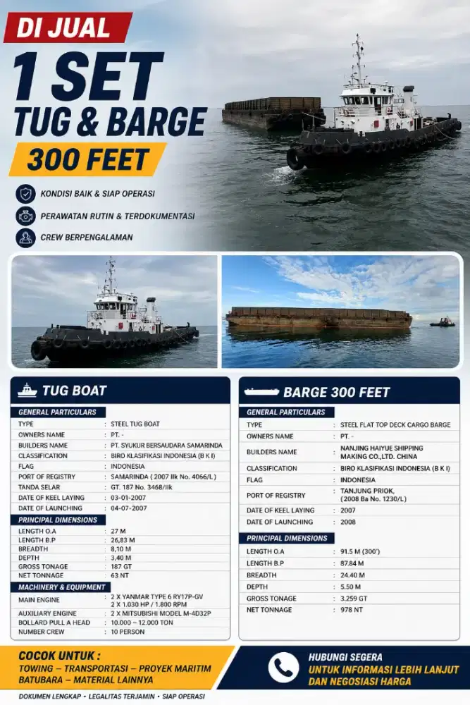 Di jual Tugboat & tongkang 300 feet tahun 2007 - 2007