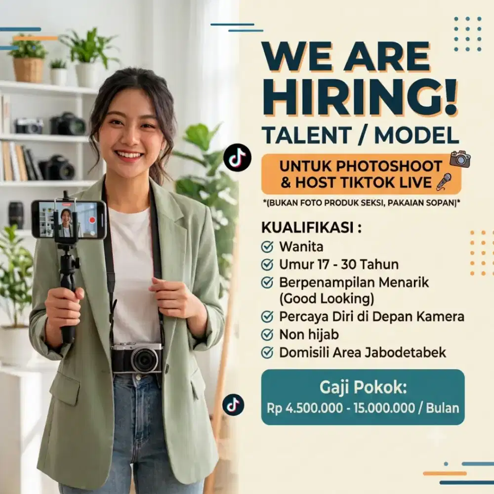 DIBUTUHKAN SEGERA Model Photoshoot & Host Live TikTok