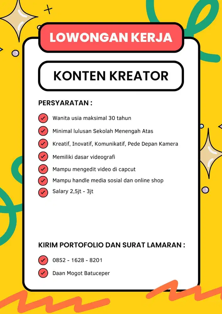 DIBUTUHKAN SEGERA KONTEN KREATOR MEDIA SOSIAL DAN ONLINE SHOP