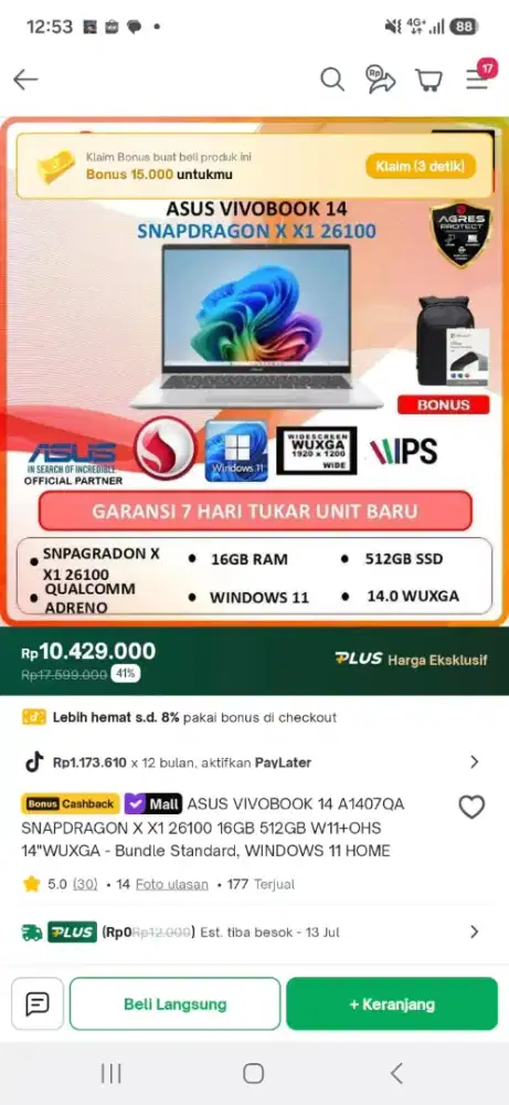 ASUS VIVOBOOK 14 A1407QA Snapdragon  X X1 26100 16GB 512GB, Windows 11
