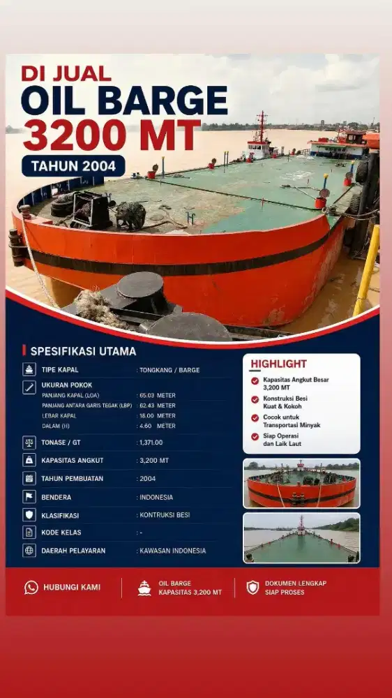 Di Jual oil Barge / tongkang minyak 3200 ton tahun 2004