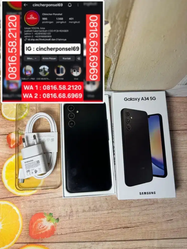 Jual hp bekas samsung A34 5g 8/256 istimewa resmi free ADAPTOR n case