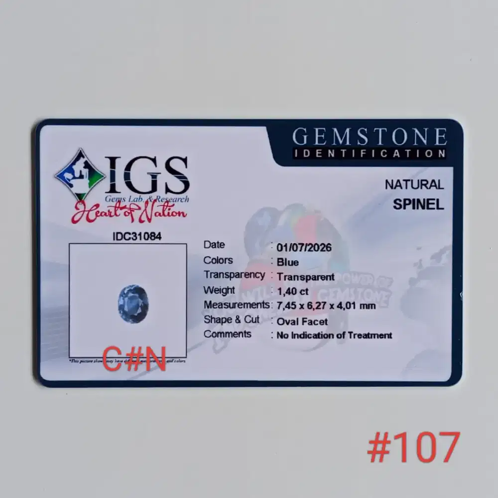 Batu permata natural blue spinel. Gem id card IGS