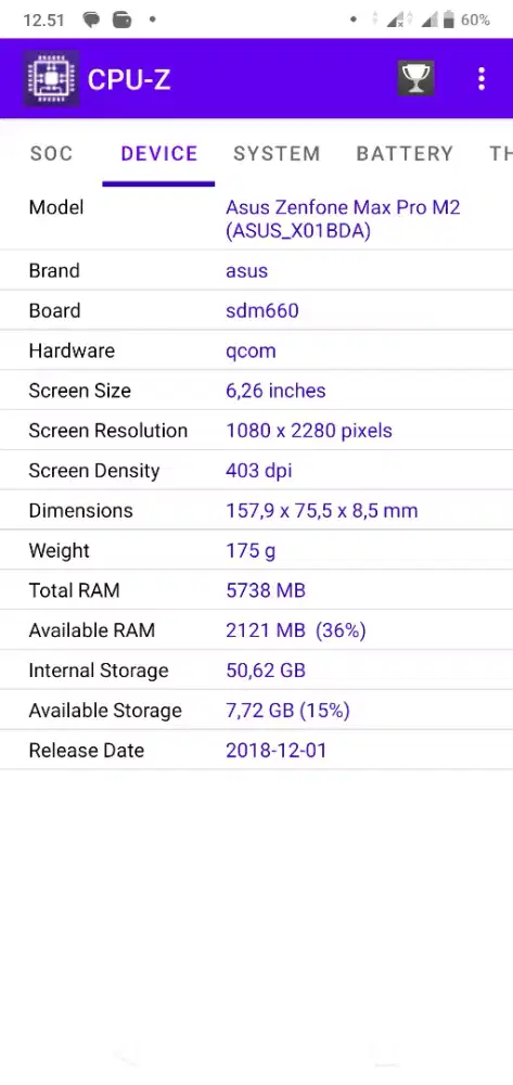 Asus Zenfone max pro m2 snap 660 ram 6/64 hape aja minus tg retak