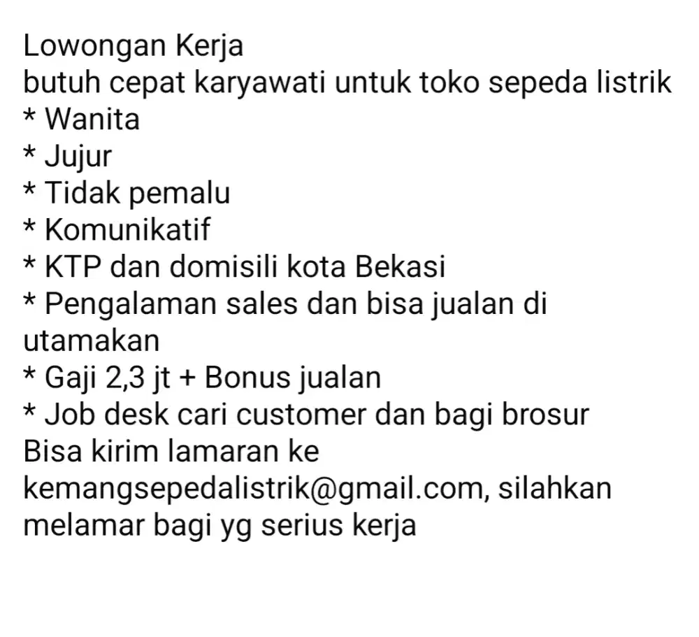 Lowongan kerja sales dan jaga toko