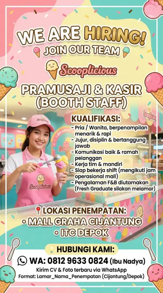LOWONGAN KERJA PRAMUSAJI KASIR DI BOOTH ICE CREAM