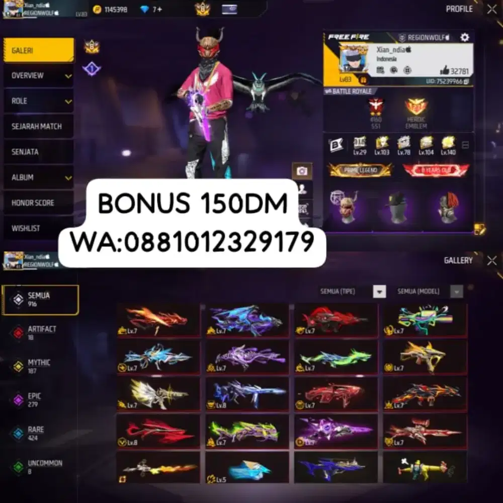 Jual akun ff (free fire)selalu aman dan terpercaya bonus 150DM