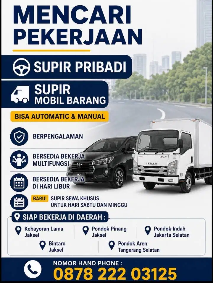 Saya Mencari Pekerjaan Supir , Bersedia Bekerja Multi Guna