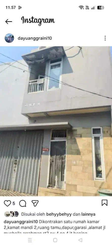 Disewakaan satu rumah 2 lantai