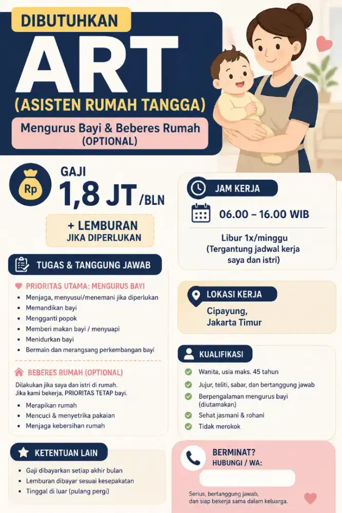 Dicari ART (asisten rumah tangga)