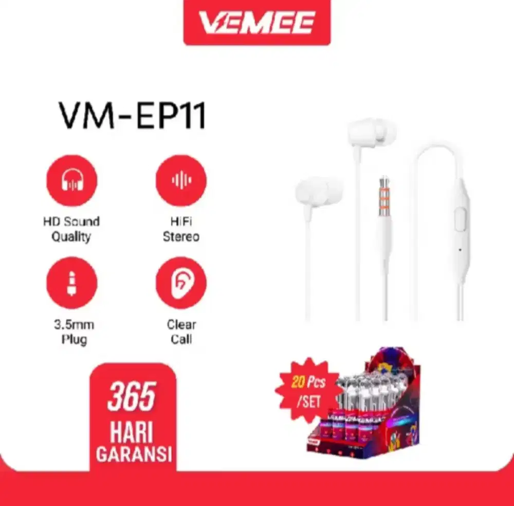 VeMee VM-EP11 Headset Wired Earphone in-ear jack 3.5mm Putih New