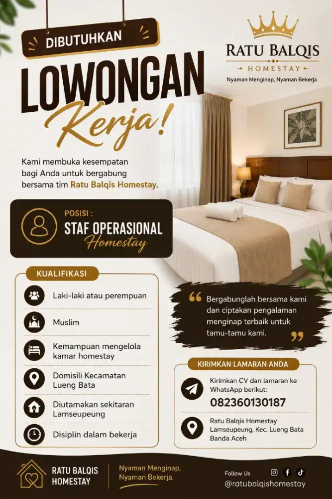 Dibutuhkan housekeeper di Ratu Balqis Homestay