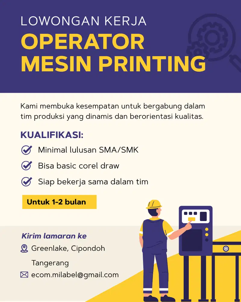 DIBUTUHKAN SEGERA OPERATOR MESIN PRINTING