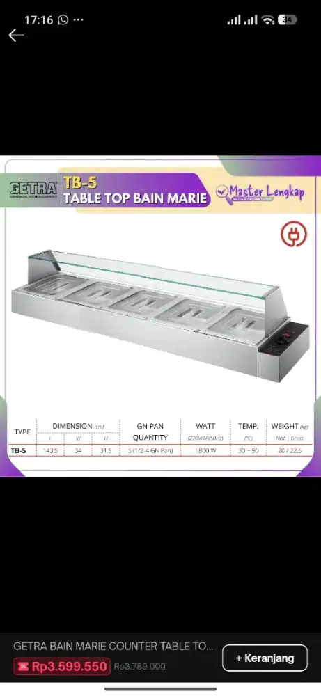 Table Top Bain Marie Getra TB-5