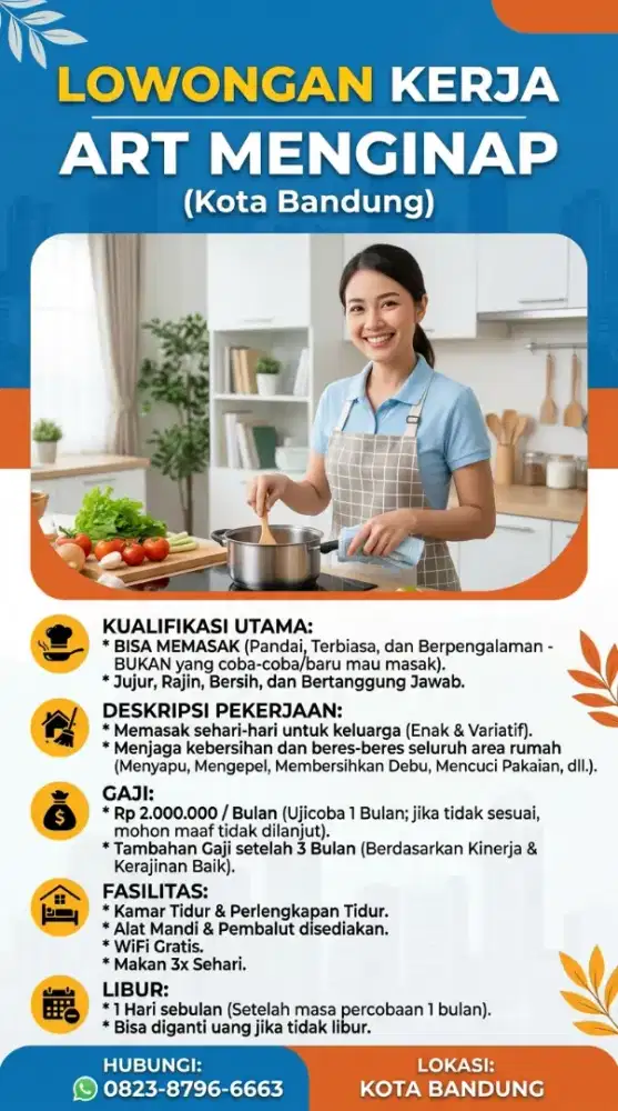 Dicari Art Masak dan Beres-beres Menginap