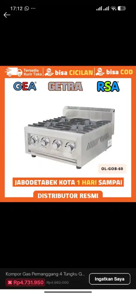 Kompor Gas 4 Burner Getra OL GOB-60