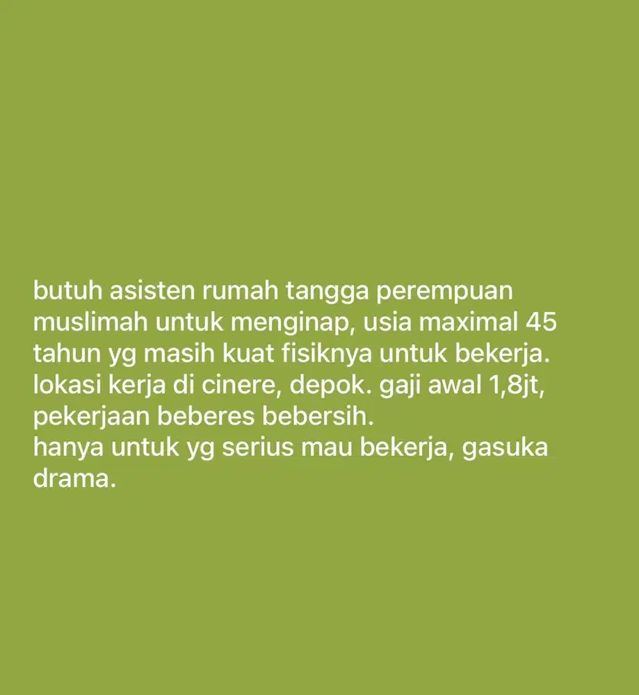 Dibutuhkan segera Asisten Rumah Tangga