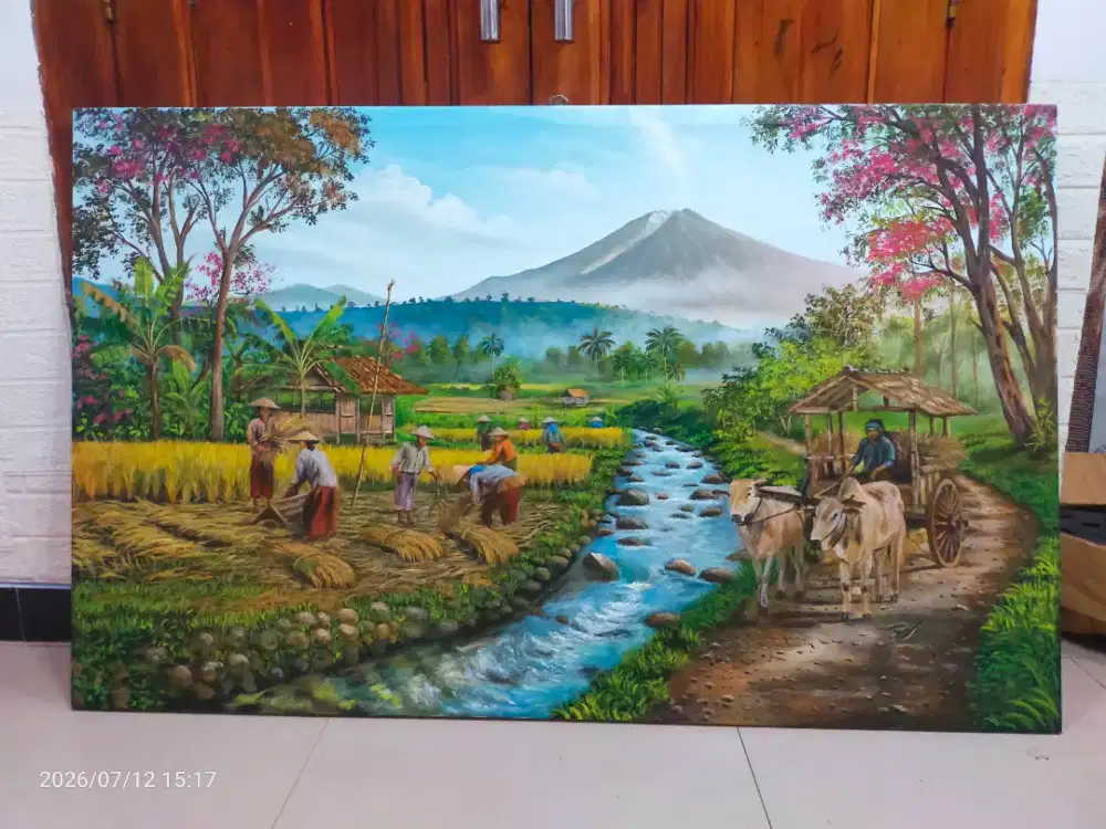 Lukisan kanvas ilustrasi pemandangan panen raya