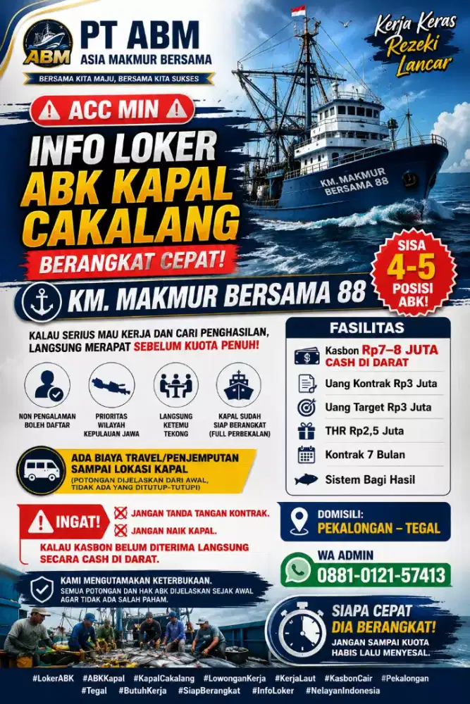 Lowongan kerja ANAK BUAH KAPAL 100%PT