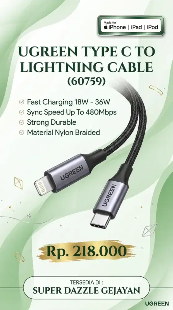 UGREEN TYPE C TO LIGHTNING CABLE MFi (60759)