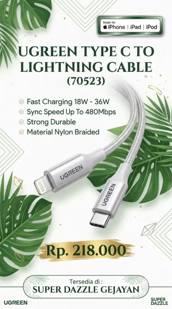UGREEN TYPE C TO LIGHTNING CABLE MFi (70523)